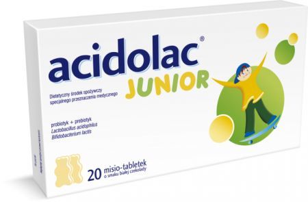 Acidolac Junior - Probiotyk + prebiotyk  o smaku bialej czekolady misiotabletki 20 sztuk  2,8g