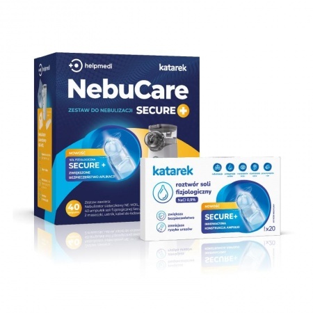 HelpMedi Katarek Nebulizator NebuCare Secure+ MESH + 40 ampułek roztworu soli fizjologicznej 0,9% NaCl